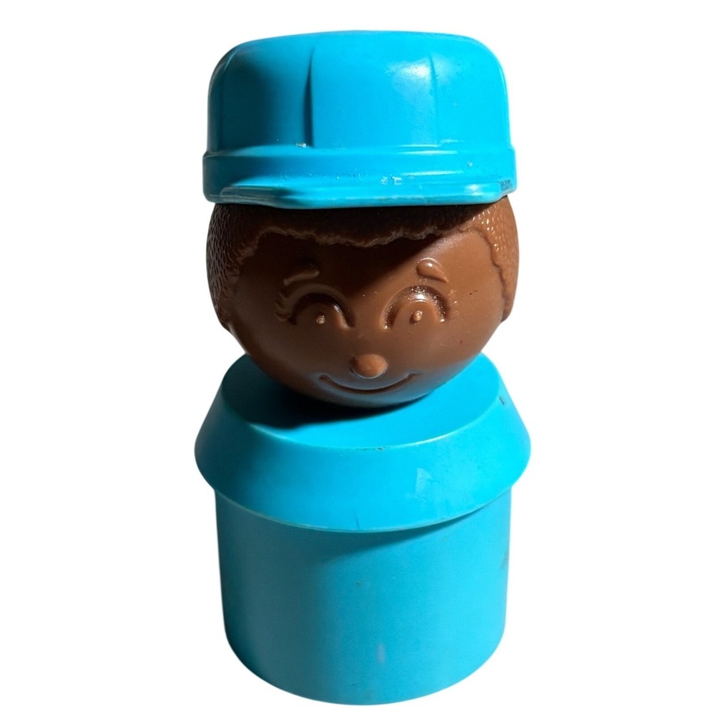 Vintage Fisher Price Little People Boy Blue Baseball Cap Brown Skin Figure Toy